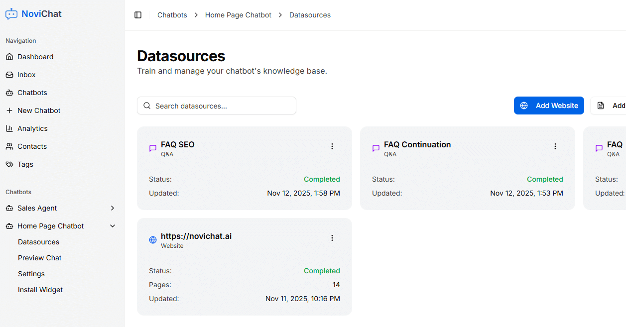 NoviChat Data Sources - Train your chatbot with websites, documents, FAQs, and text